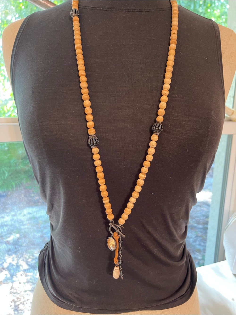 Wood Bead Pendant Necklace in Tan